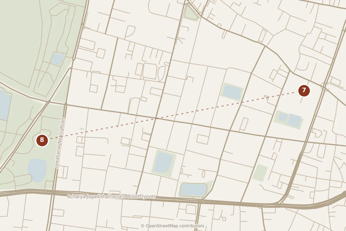 Map of Kolkata, afternoon: stops 7–8, numbered in walking order.