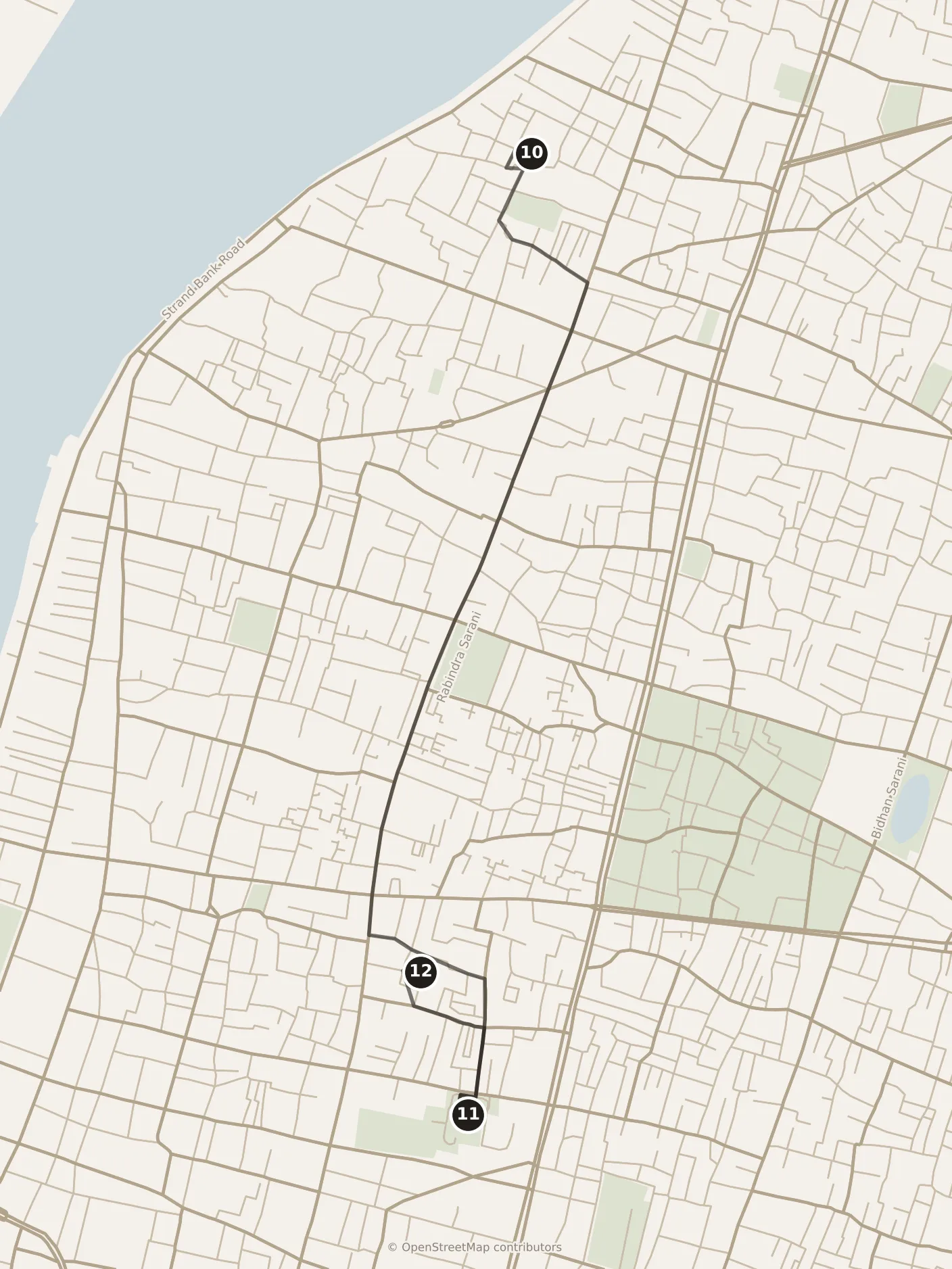 Map of Kolkata, morning: stops 10–12, numbered in walking order.