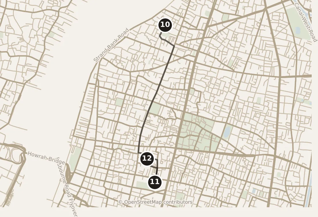 Map of Kolkata, morning: stops 10–12, numbered in walking order.