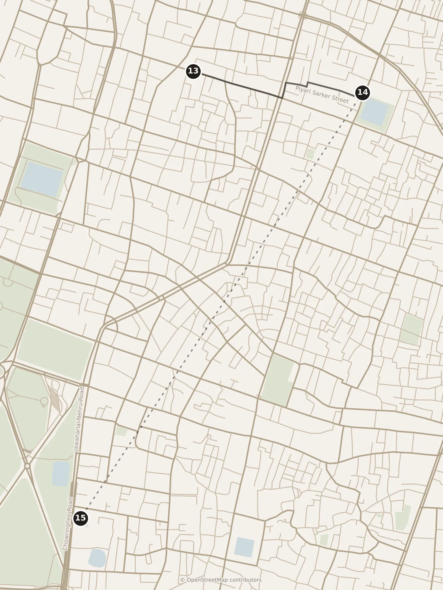 Map of Kolkata, afternoon: stops 13–15, numbered in walking order.