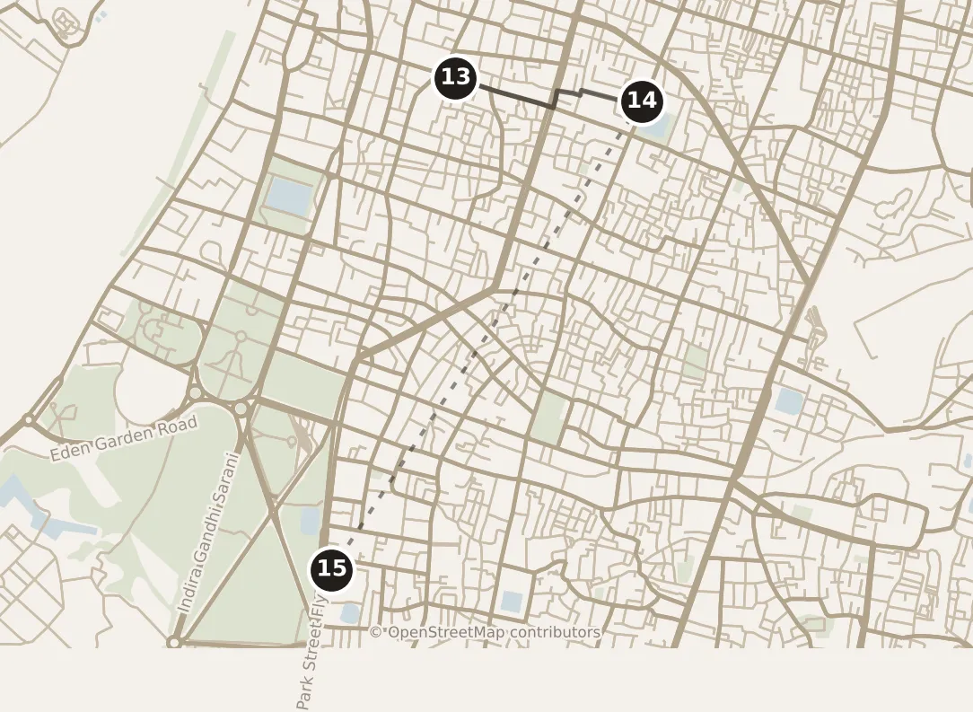 Map of Kolkata, afternoon: stops 13–15, numbered in walking order.