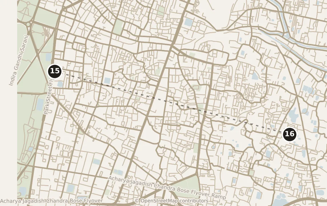 Map of Kolkata, evening: stop 16, numbered in walking order.