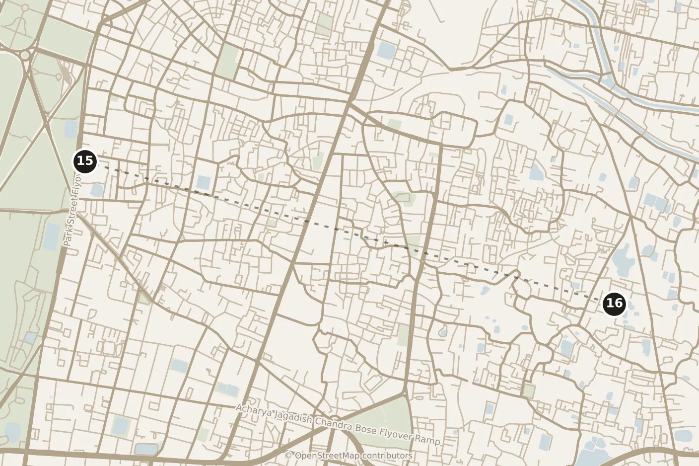 Map of Kolkata, evening: stop 16, numbered in walking order.
