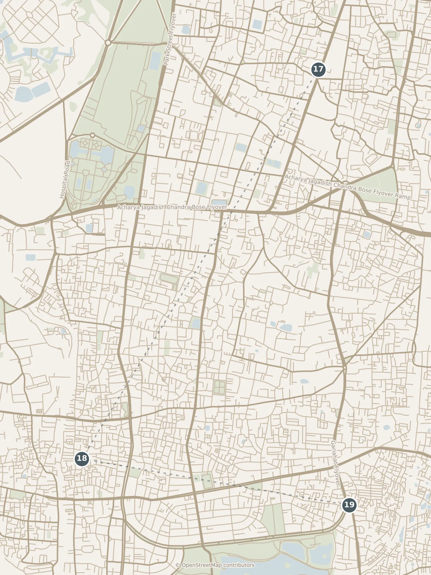 Map of Kolkata, with a third day: stops 17–19, numbered in walking order.