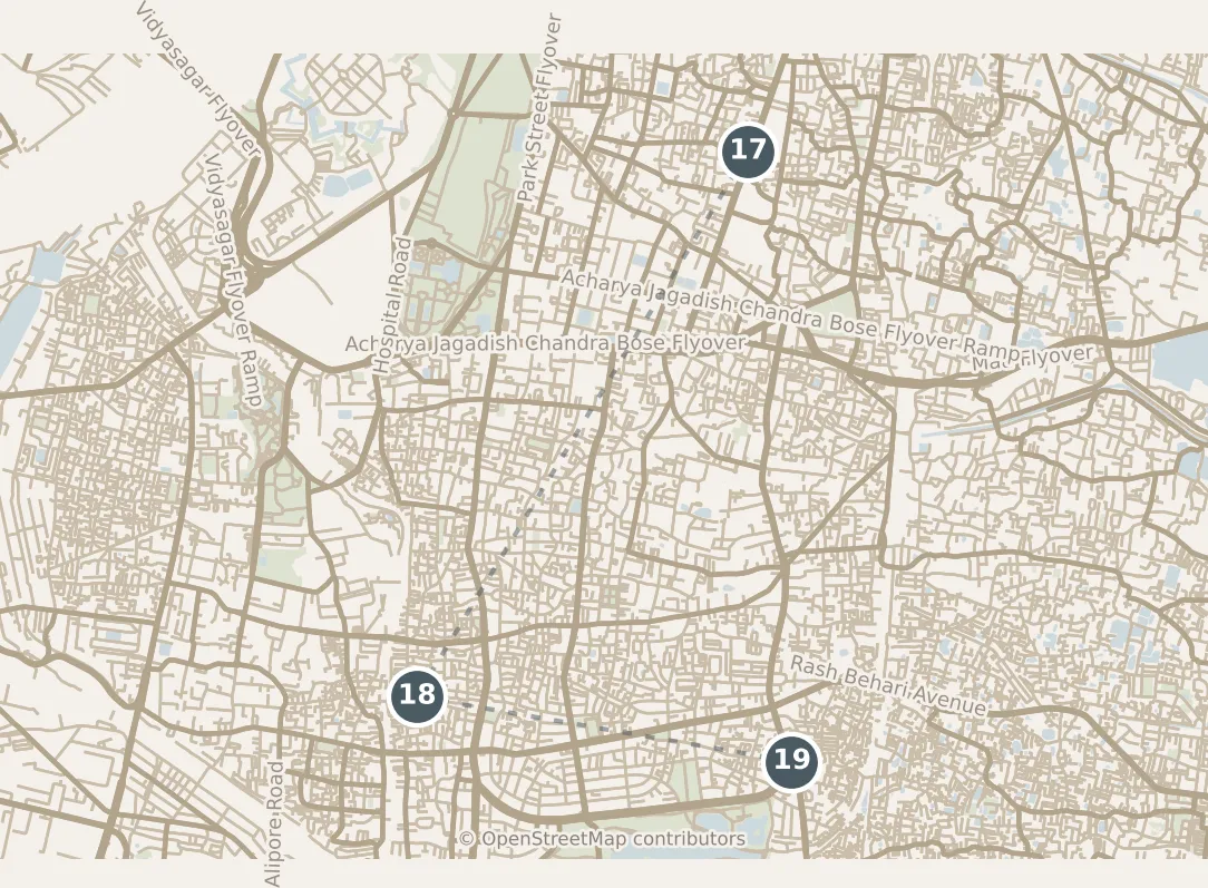 Map of Kolkata, with a third day: stops 17–19, numbered in walking order.