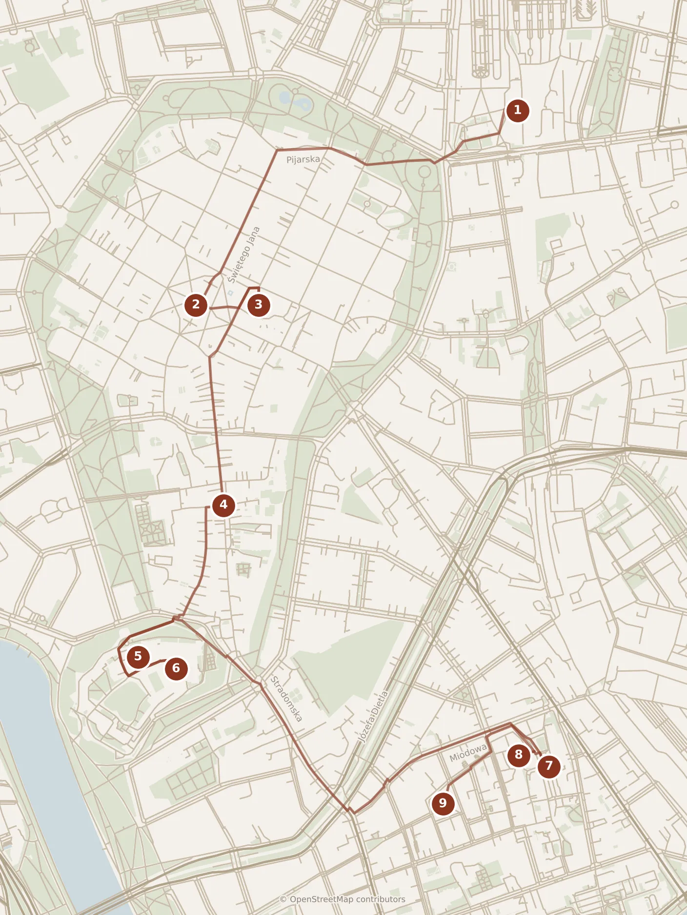 Map of Kraków, the day: stops 1–9, numbered in walking order.