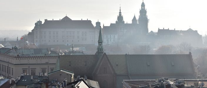 Wawel Castle and its cathedral silhouetted on the ridge in November mist, above the copper and tile roofs of Kraków's Old Town, with a brick Gothic church filling the middle distance and a Polish flag on the castle range.