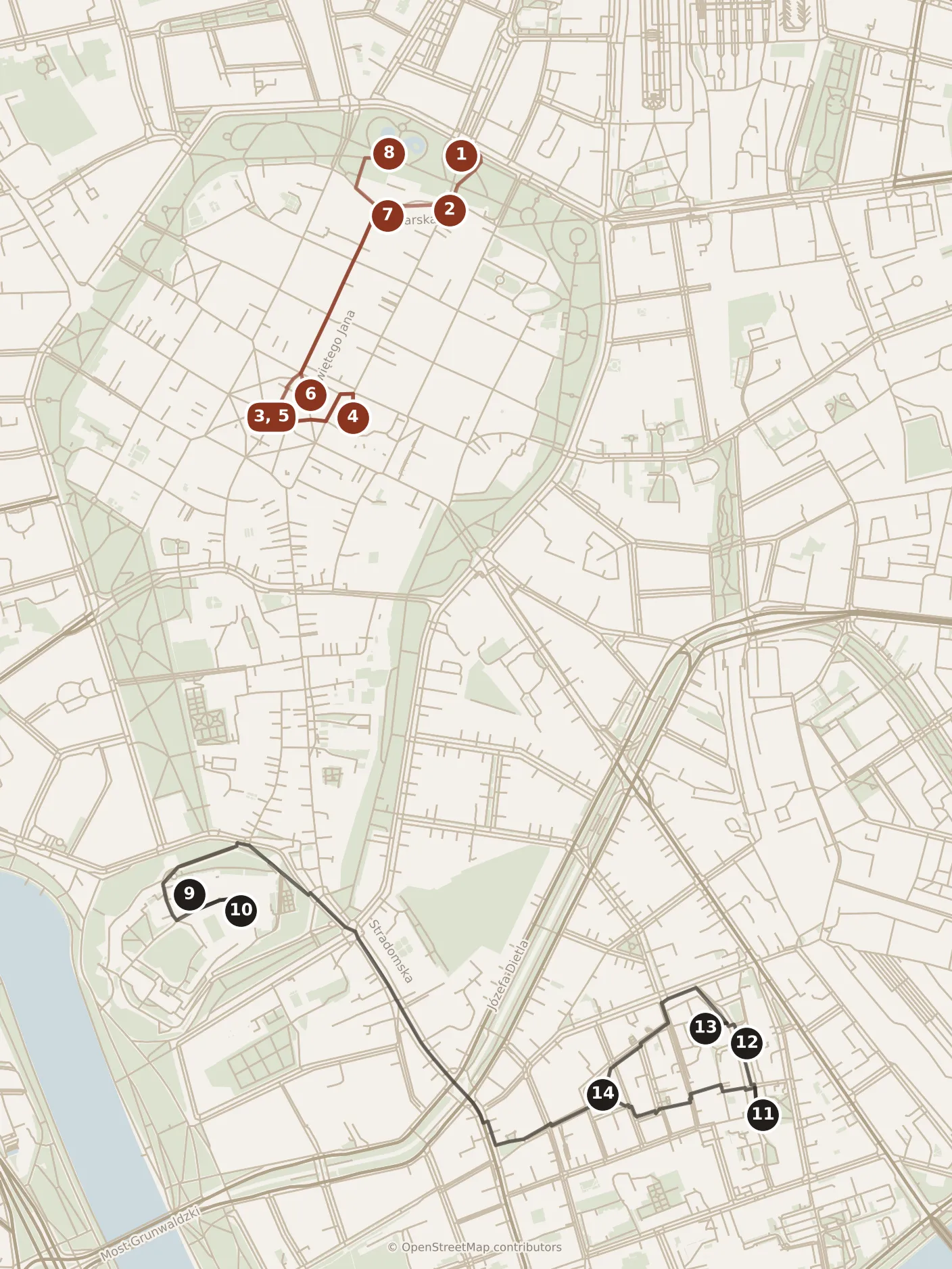 Map of Kraków, day one and day two: stops 1–14, numbered in walking order.