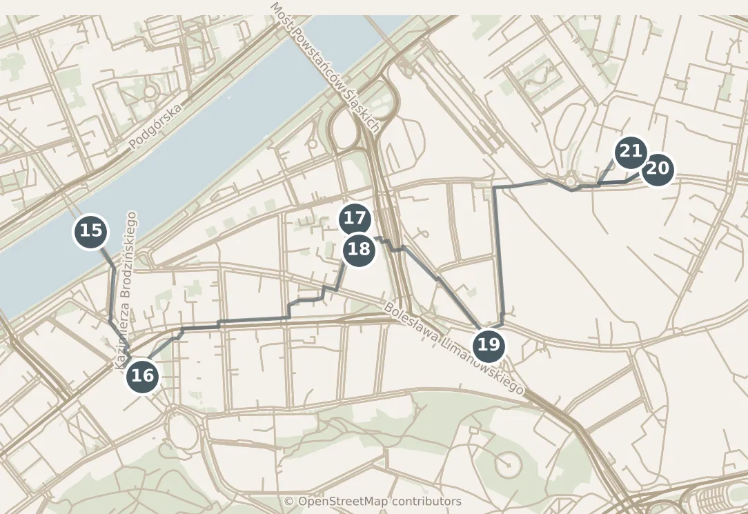 Map of Kraków, with a third day: stops 15–21, numbered in walking order.