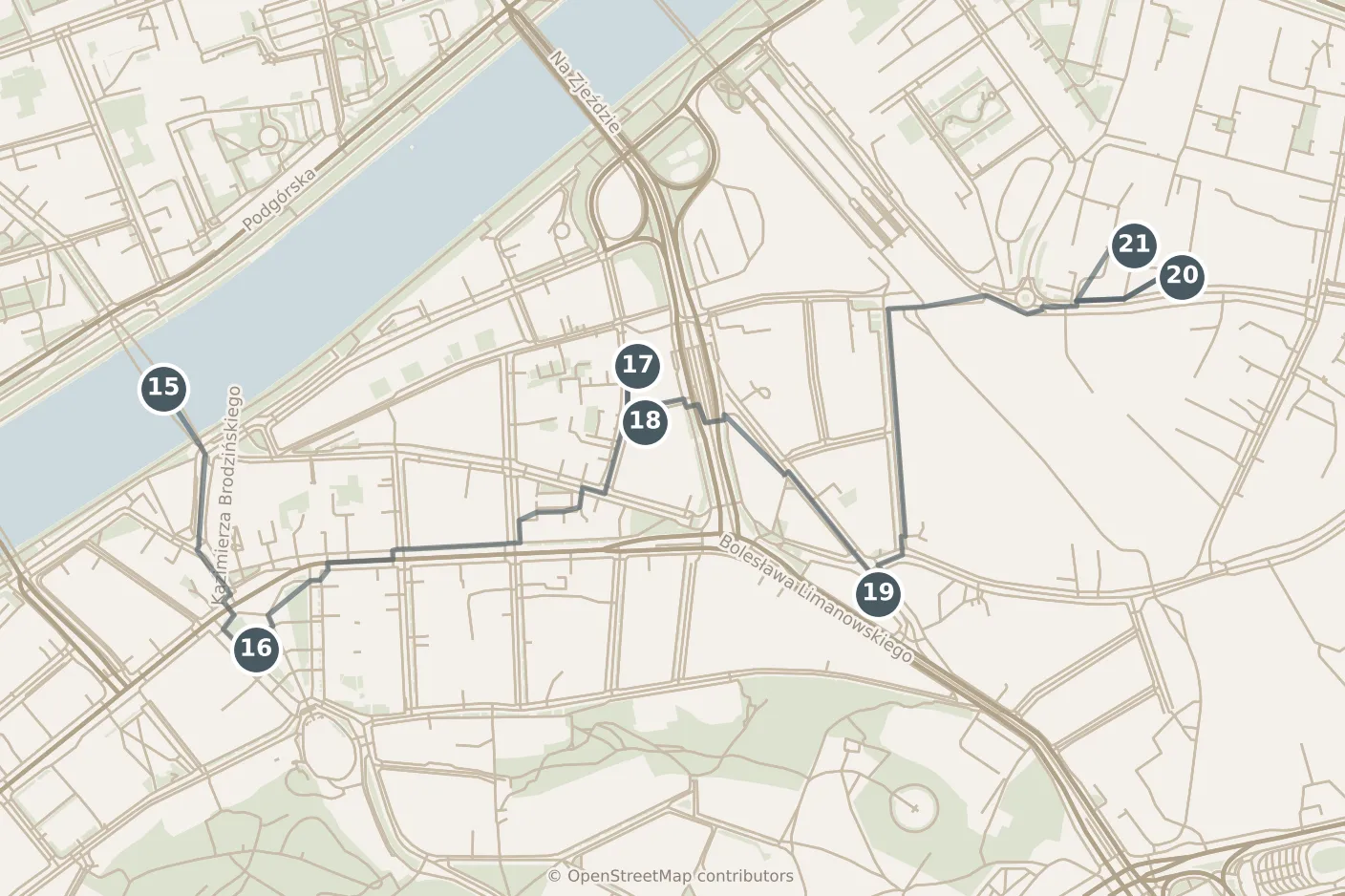 Map of Kraków, with a third day: stops 15–21, numbered in walking order.
