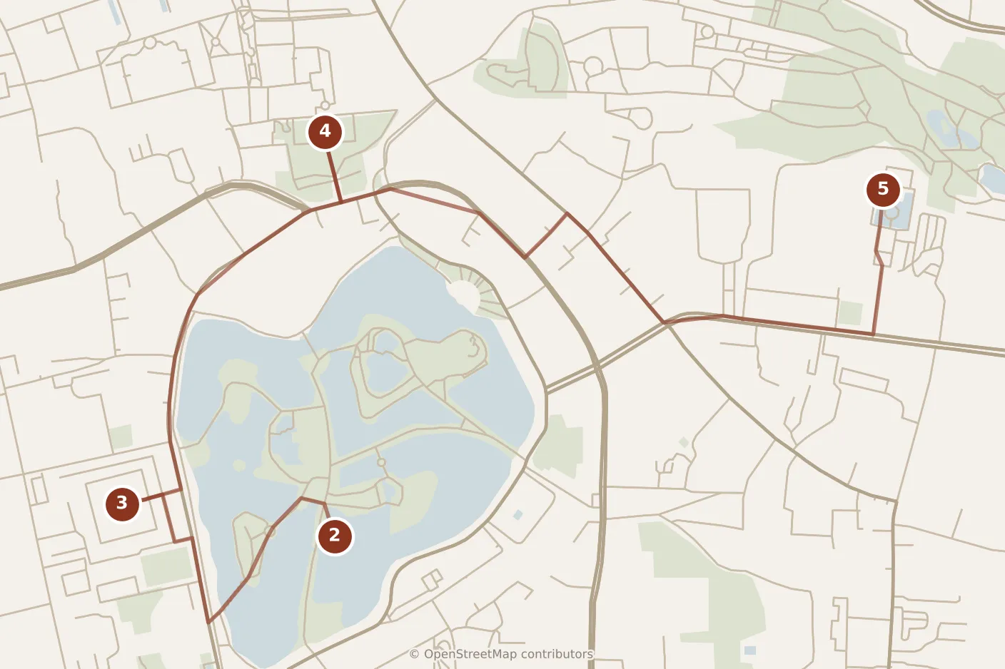 Map of Kunming, morning: stops 2–5, numbered in walking order.