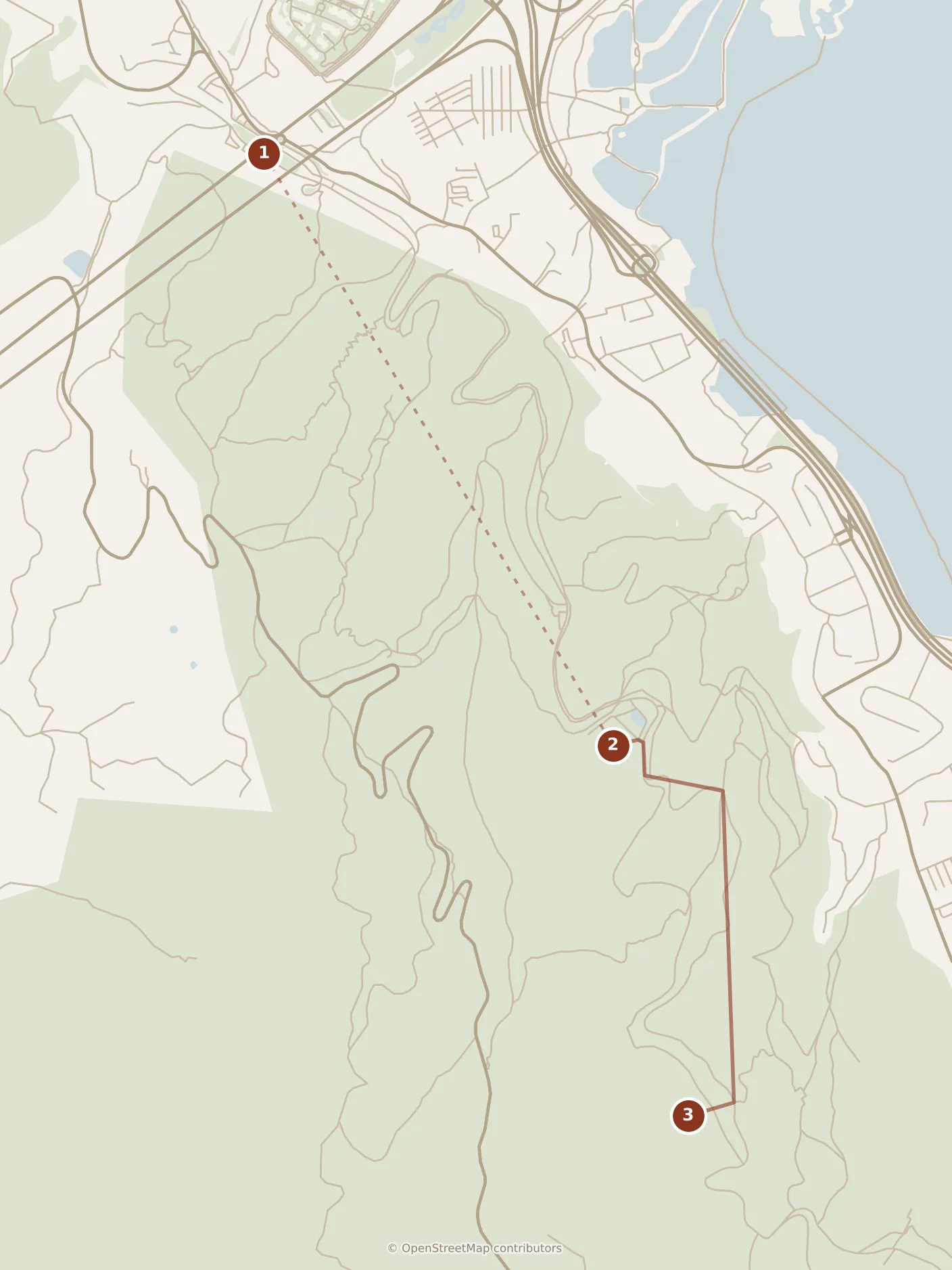 Map of Kunming, morning: stops 1–3, numbered in walking order.
