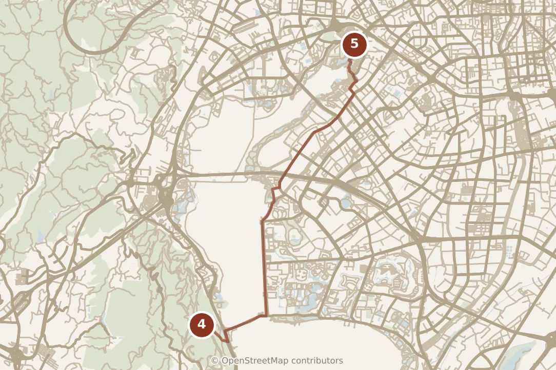 Map of Kunming, afternoon: stops 4–5, numbered in walking order.