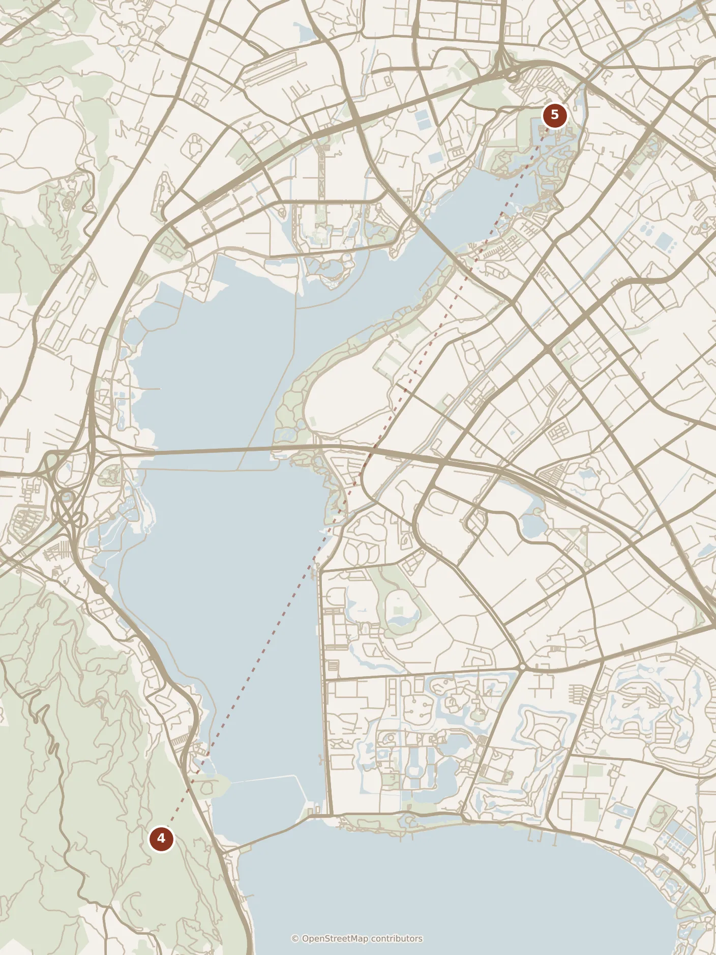 Map of Kunming, afternoon: stops 4–5, numbered in walking order.