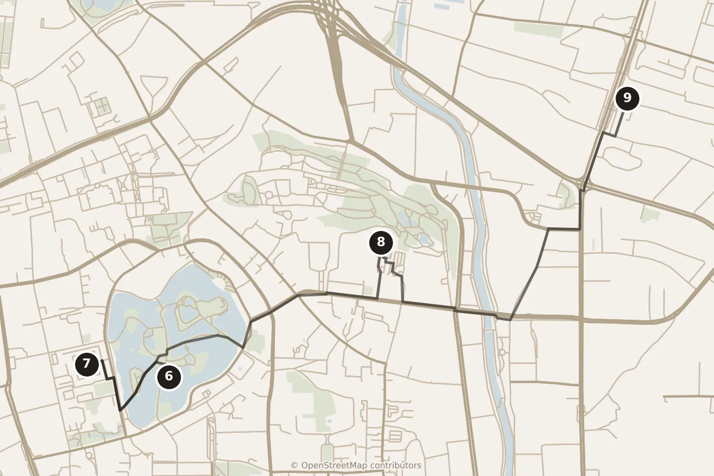 Map of Kunming, morning: stops 6–9, numbered in walking order.