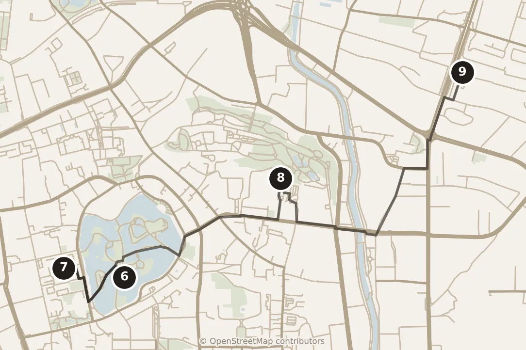 Map of Kunming, morning: stops 6–9, numbered in walking order.