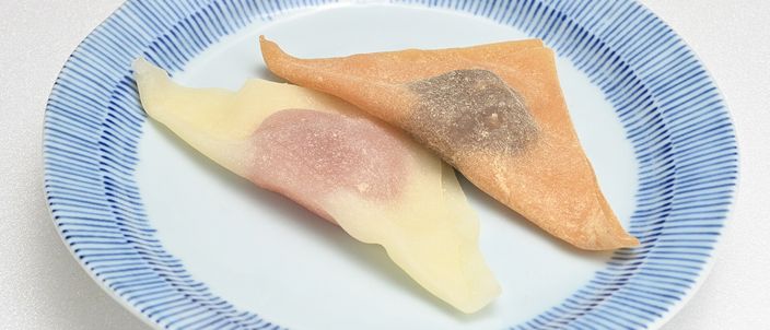 Two folded triangular pieces of nama yatsuhashi on a blue-rimmed plate, the soft cinnamon dough wrapped around red bean and a pink seasonal filling.