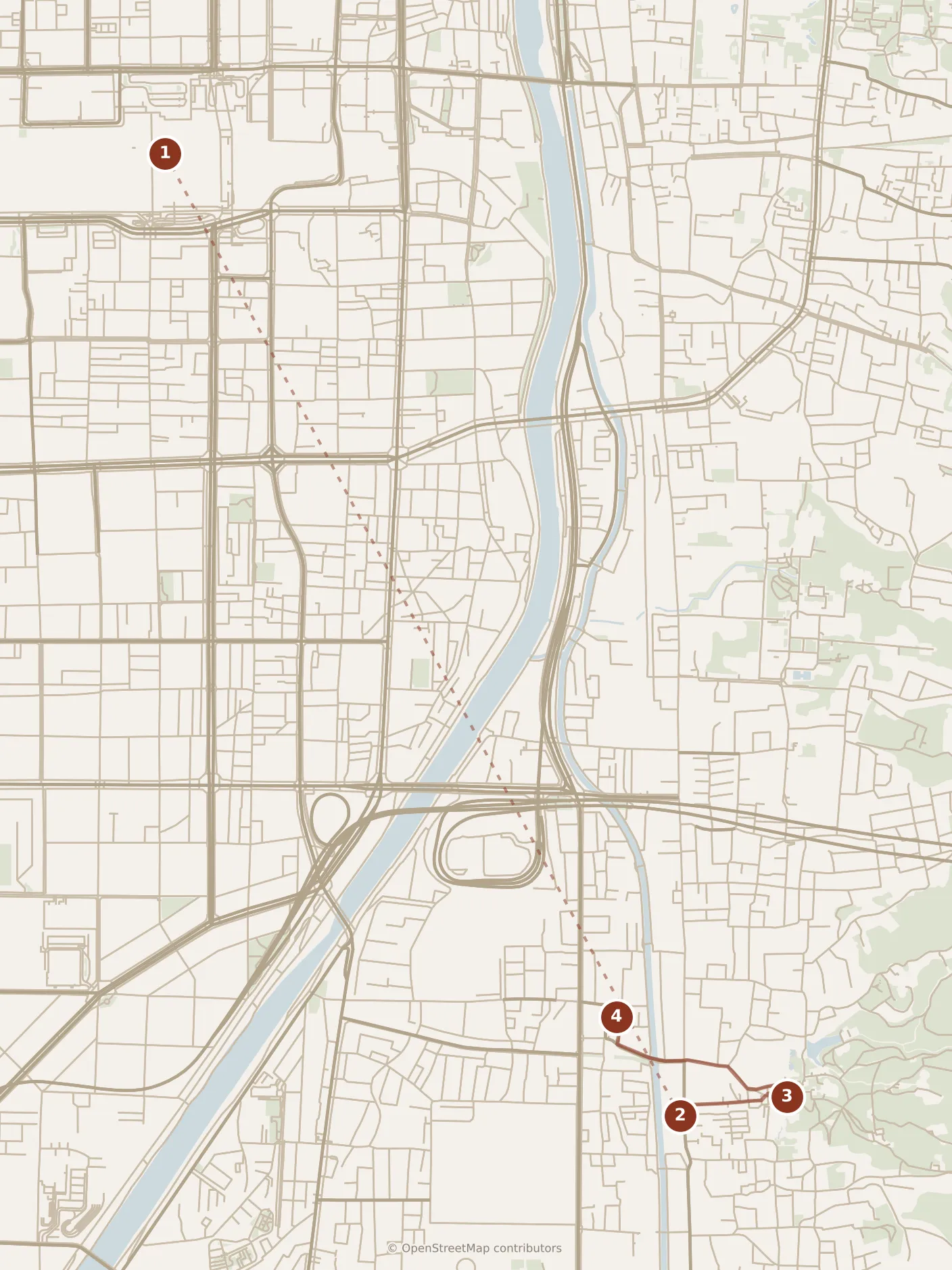 Map of Kyoto, morning: stops 1–4, numbered in walking order.