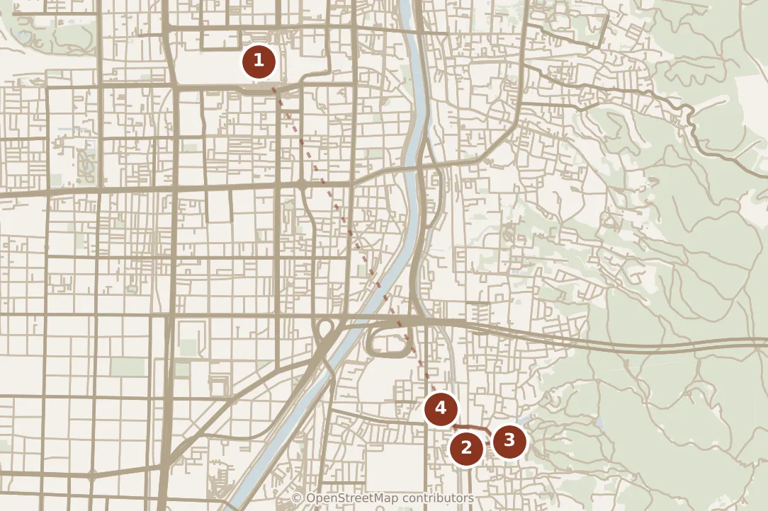 Map of Kyoto, morning: stops 1–4, numbered in walking order.