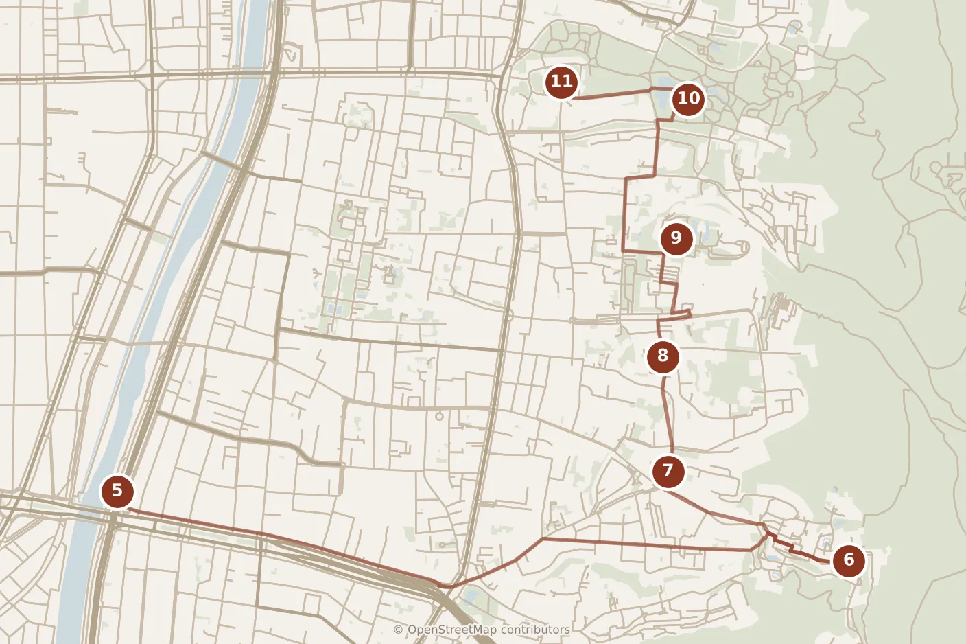 Map of Kyoto, afternoon: stops 5–11, numbered in walking order.