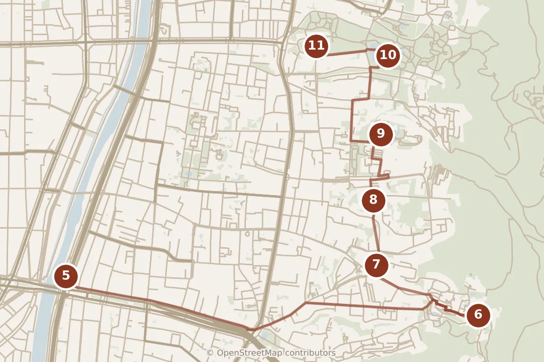 Map of Kyoto, afternoon: stops 5–11, numbered in walking order.