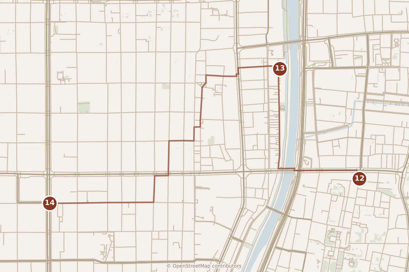 Map of Kyoto, evening: stops 12–14, numbered in walking order.
