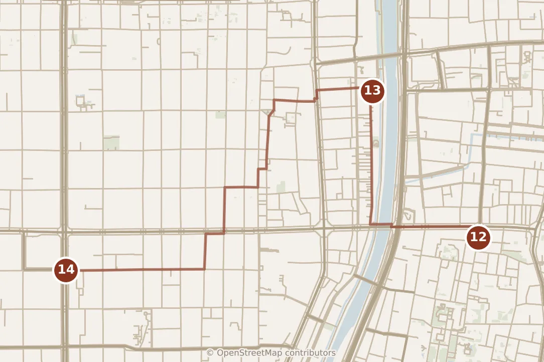 Map of Kyoto, evening: stops 12–14, numbered in walking order.