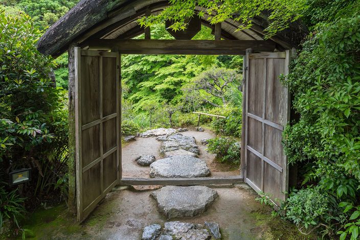 A thatched wooden gate standing open on a mossy hillside garden path, flat stepping stones set into the gravel through the opening and dense green foliage crowding both sides