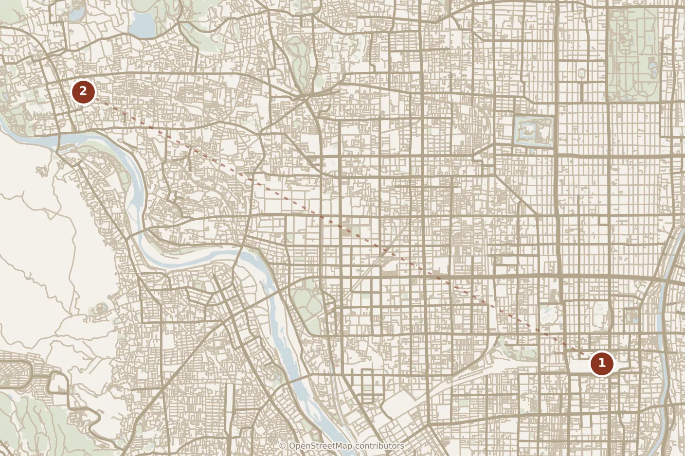Map of Kyoto, morning: stop 1, numbered in walking order.
