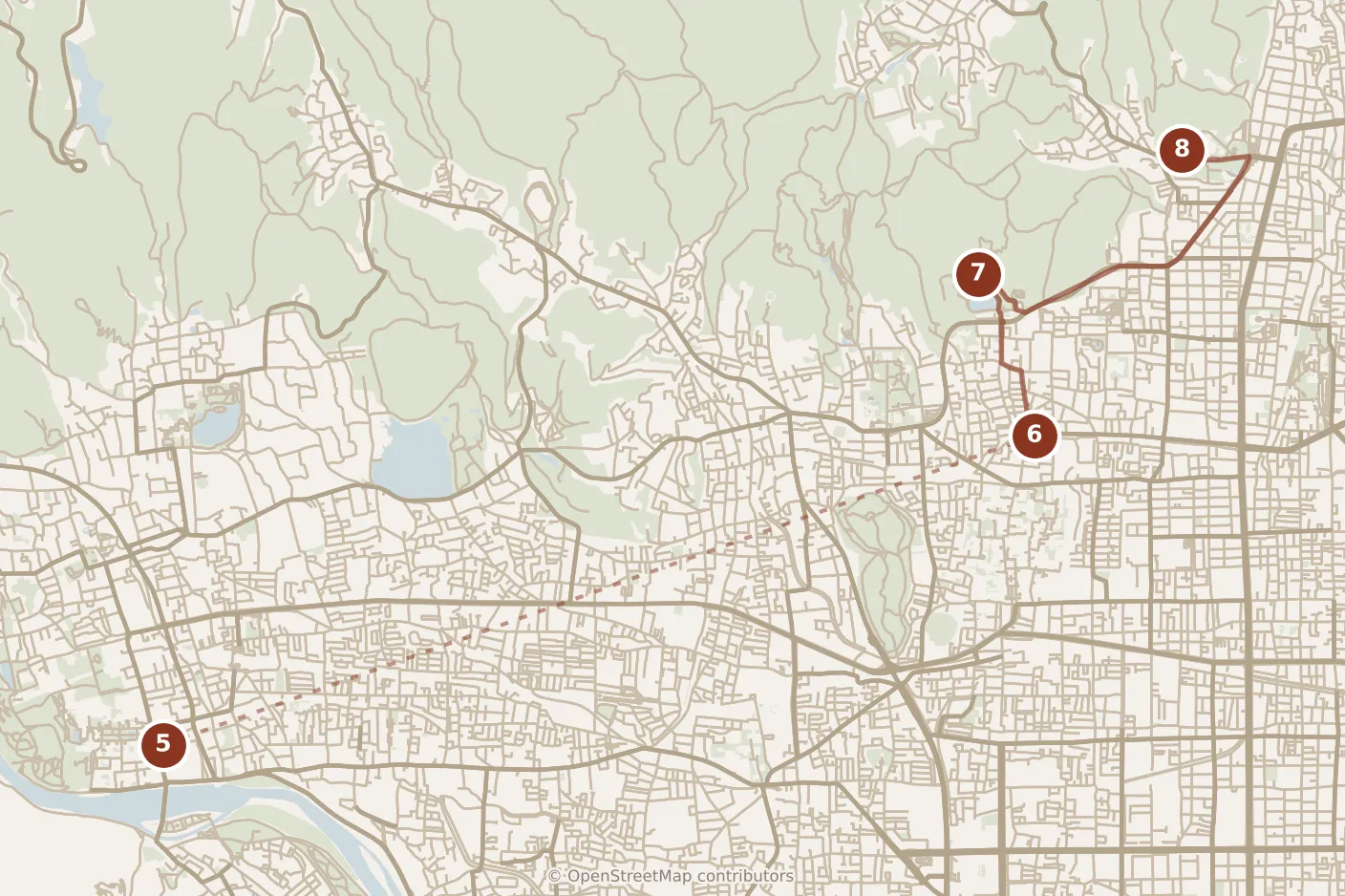 Map of Kyoto, afternoon: stops 5–8, numbered in walking order.