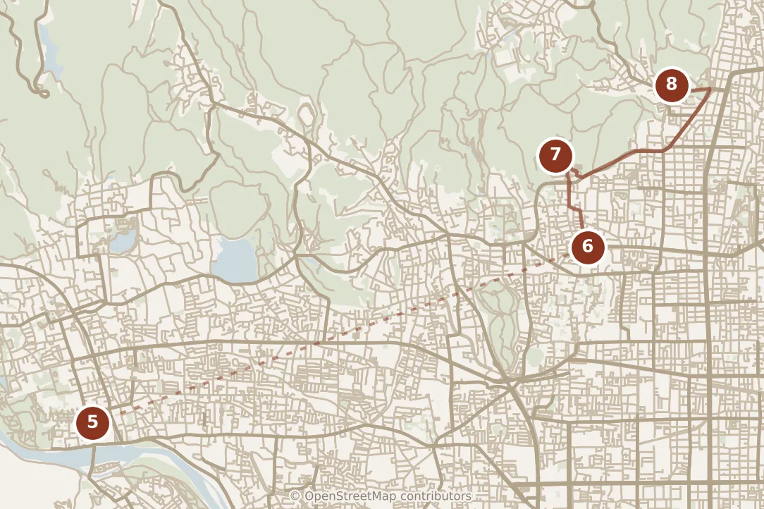 Map of Kyoto, afternoon: stops 5–8, numbered in walking order.