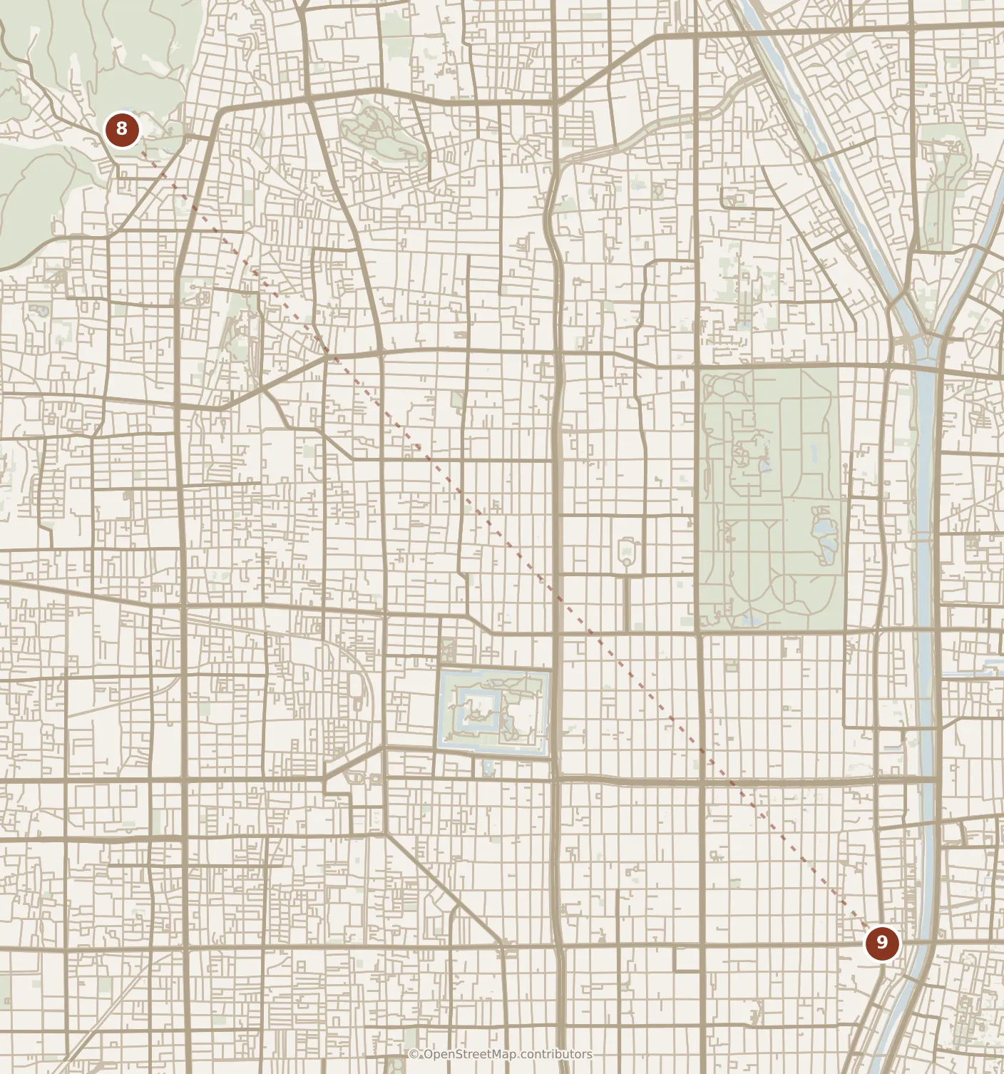 Map of Kyoto, evening: stop 9, numbered in walking order.