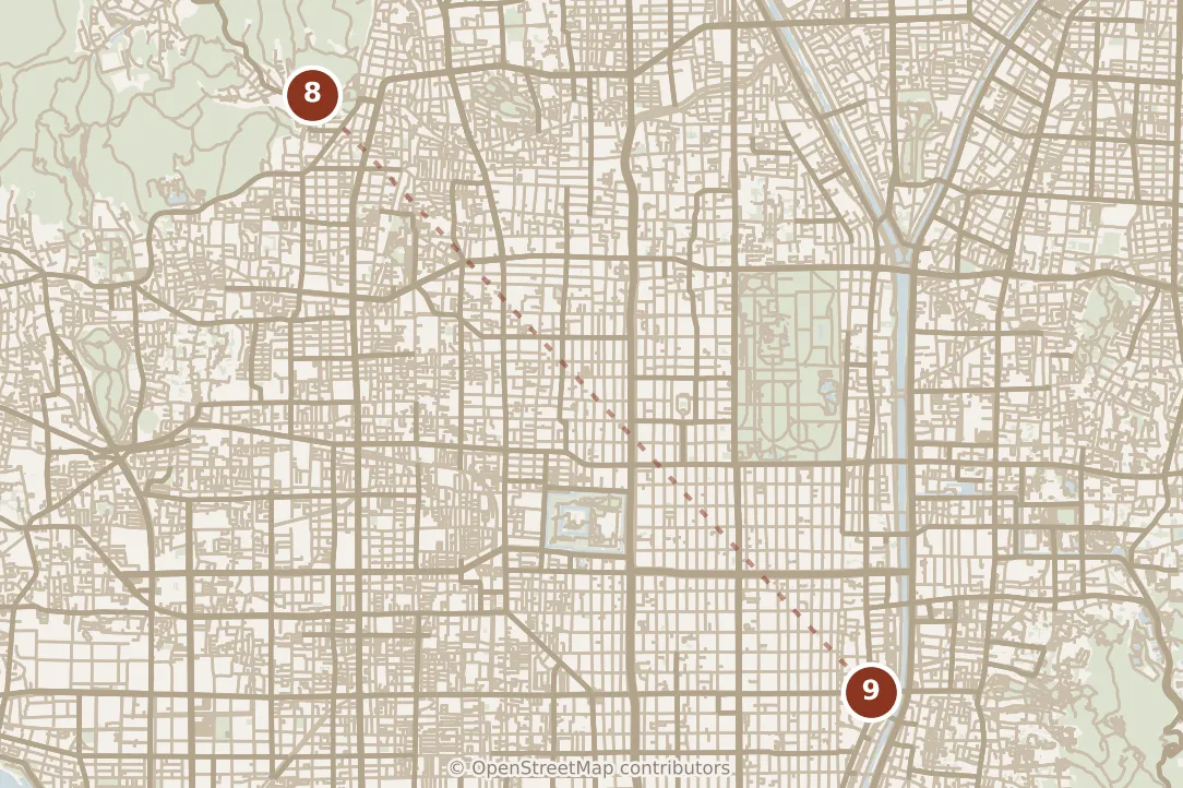 Map of Kyoto, evening: stop 9, numbered in walking order.