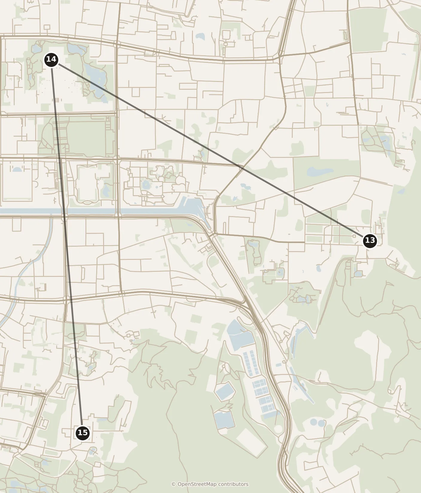 Map of Kyoto, afternoon: stops 13–15, numbered in walking order.