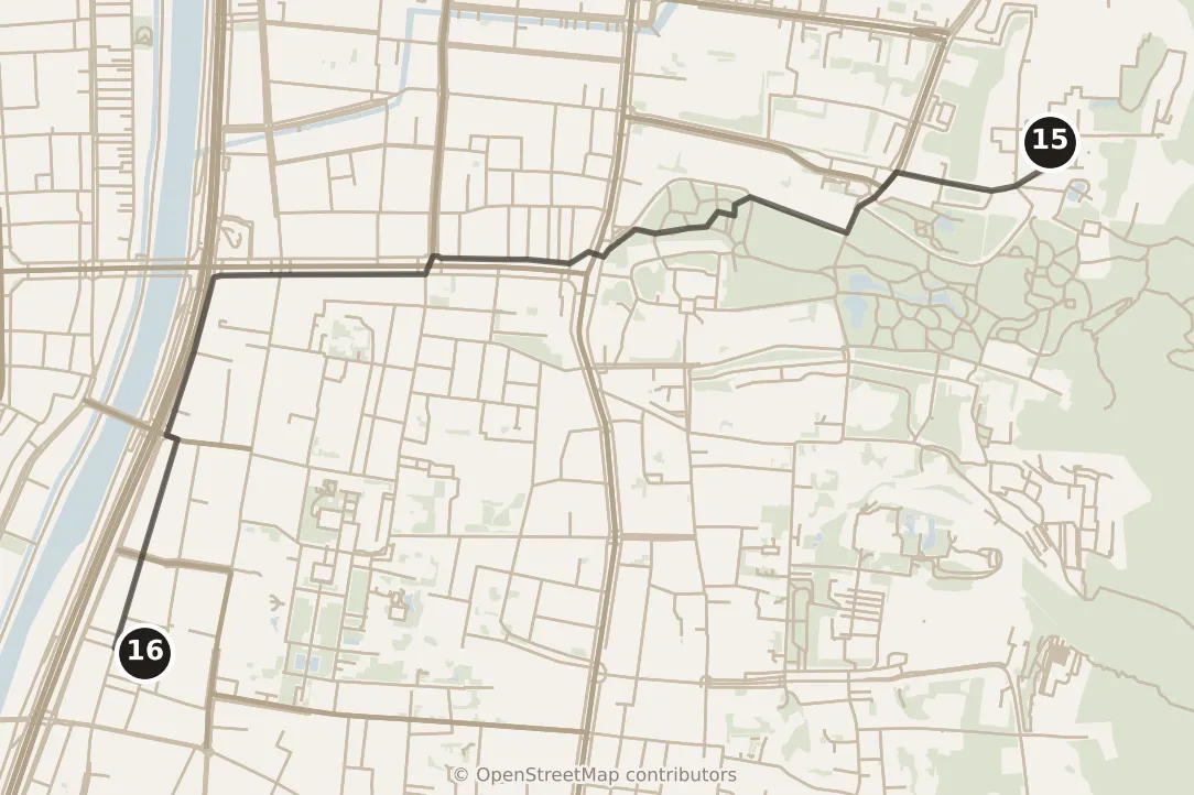 Map of Kyoto, evening: stop 16, numbered in walking order.