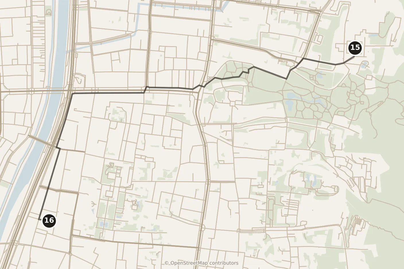 Map of Kyoto, evening: stop 16, numbered in walking order.