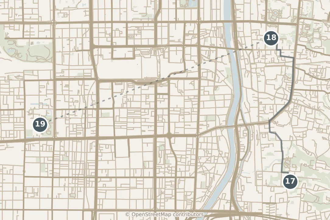 Map of Kyoto, with a third day: stops 17–19, numbered in walking order.