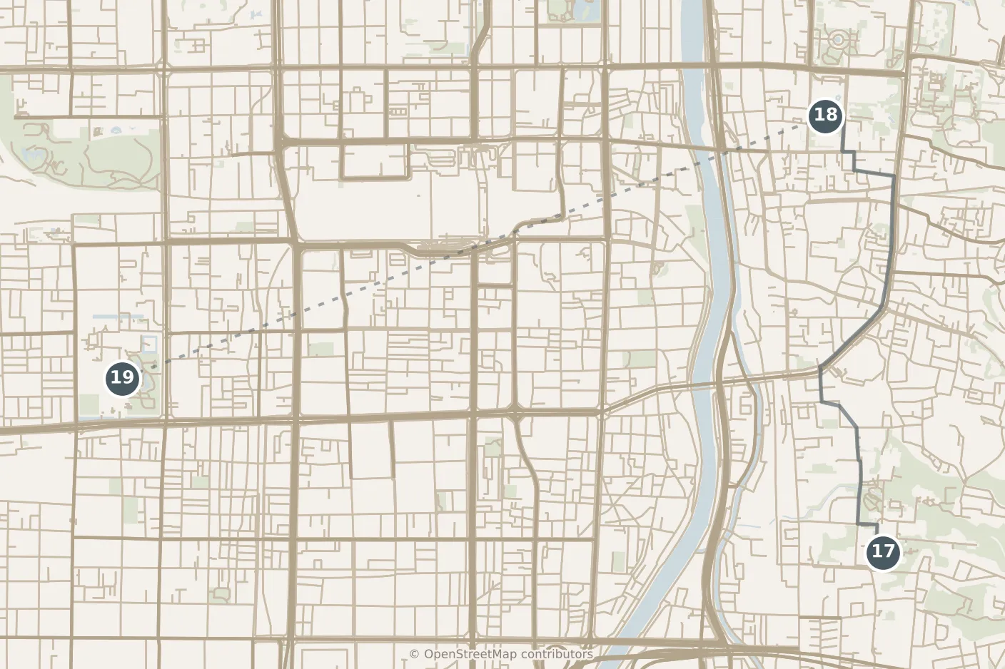 Map of Kyoto, with a third day: stops 17–19, numbered in walking order.