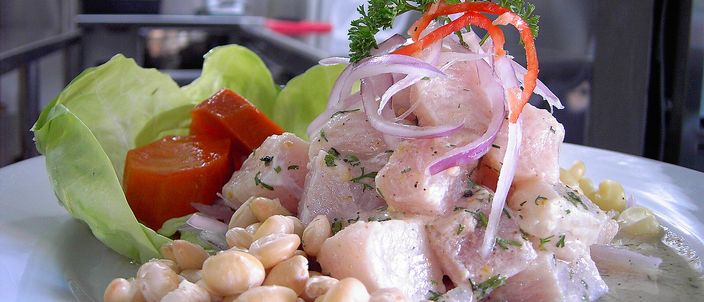 A white plate of Peruvian ceviche: cubed raw fish bathed in leche de tigre marinade, topped with thin-sliced red onion rings and parsley, next to a piece of boiled carrot, a lettuce leaf, and a mound of large white pallares beans, photographed close-up in a restaurant kitchen.