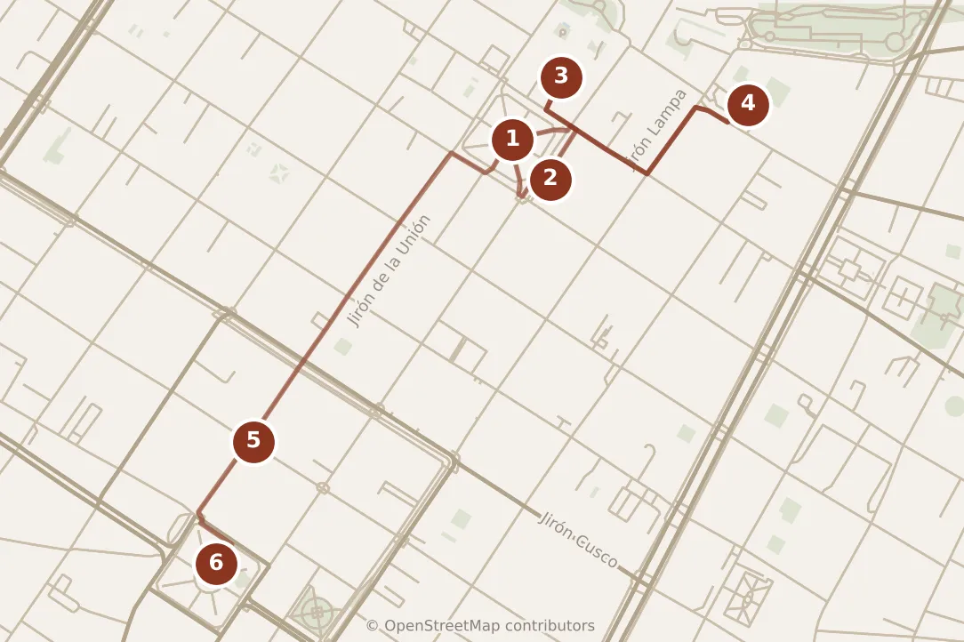 Map of Lima, morning: stops 1–6, numbered in walking order.