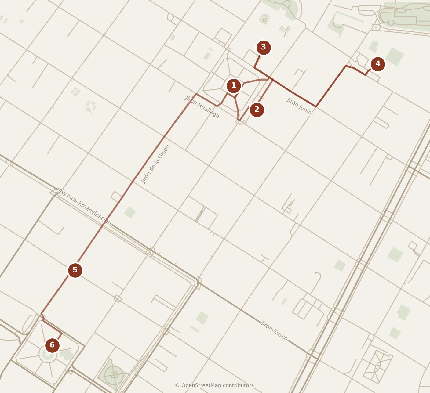 Map of Lima, morning: stops 1–6, numbered in walking order.