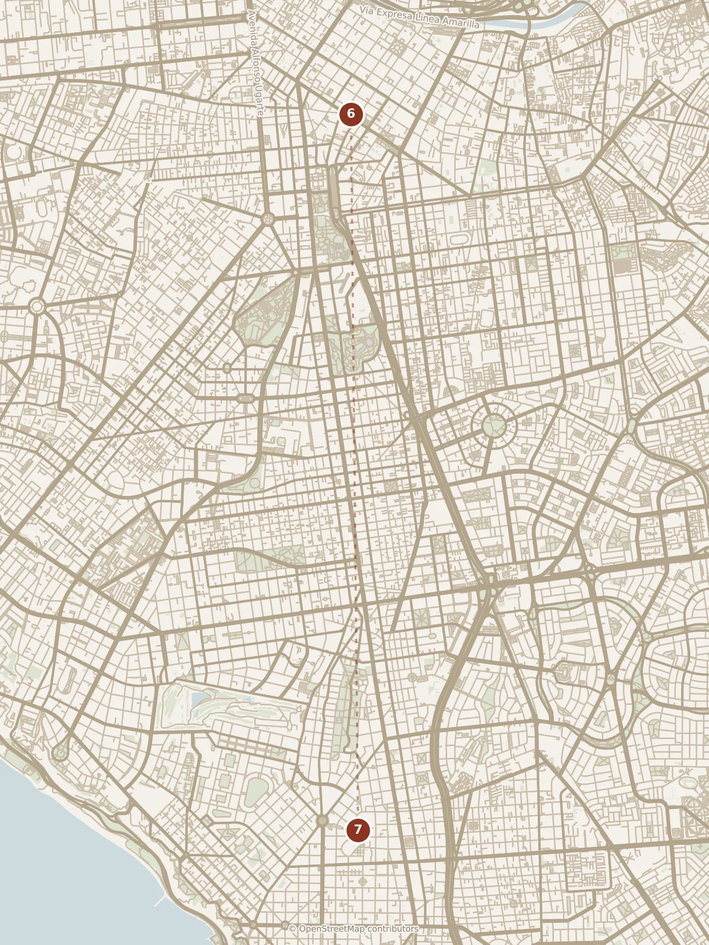 Map of Lima, afternoon: stop 7, numbered in walking order.