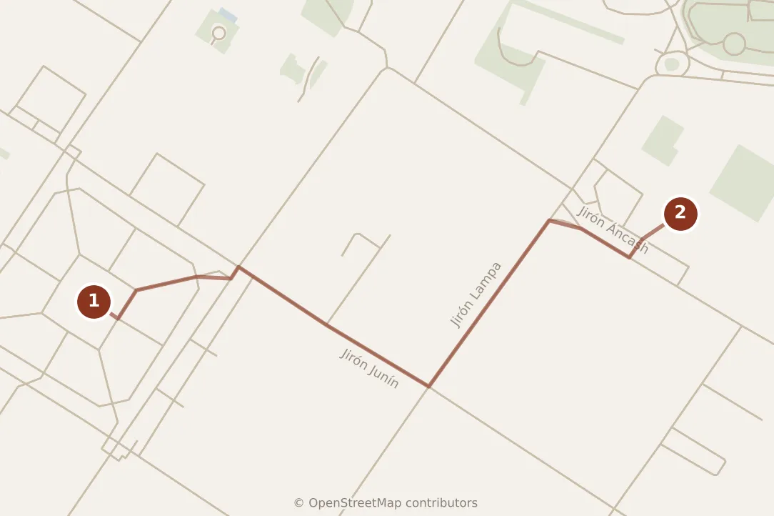 Map of Lima, morning: stops 1–2, numbered in walking order.