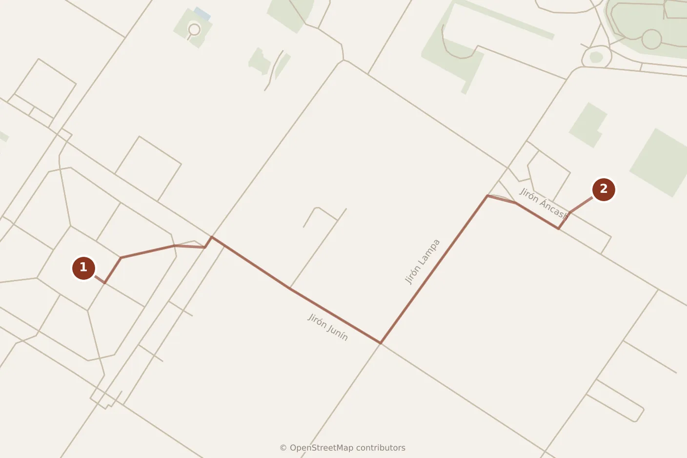 Map of Lima, morning: stops 1–2, numbered in walking order.