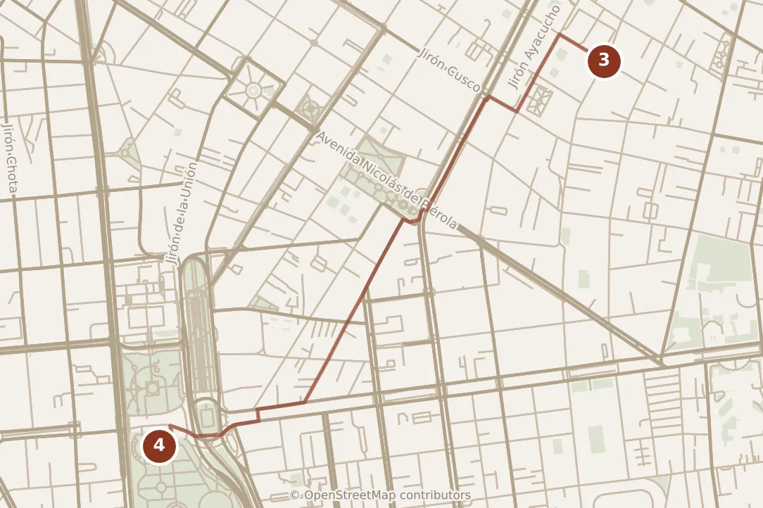 Map of Lima, afternoon: stops 3–4, numbered in walking order.