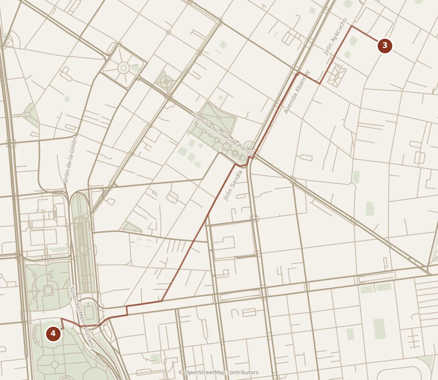 Map of Lima, afternoon: stops 3–4, numbered in walking order.