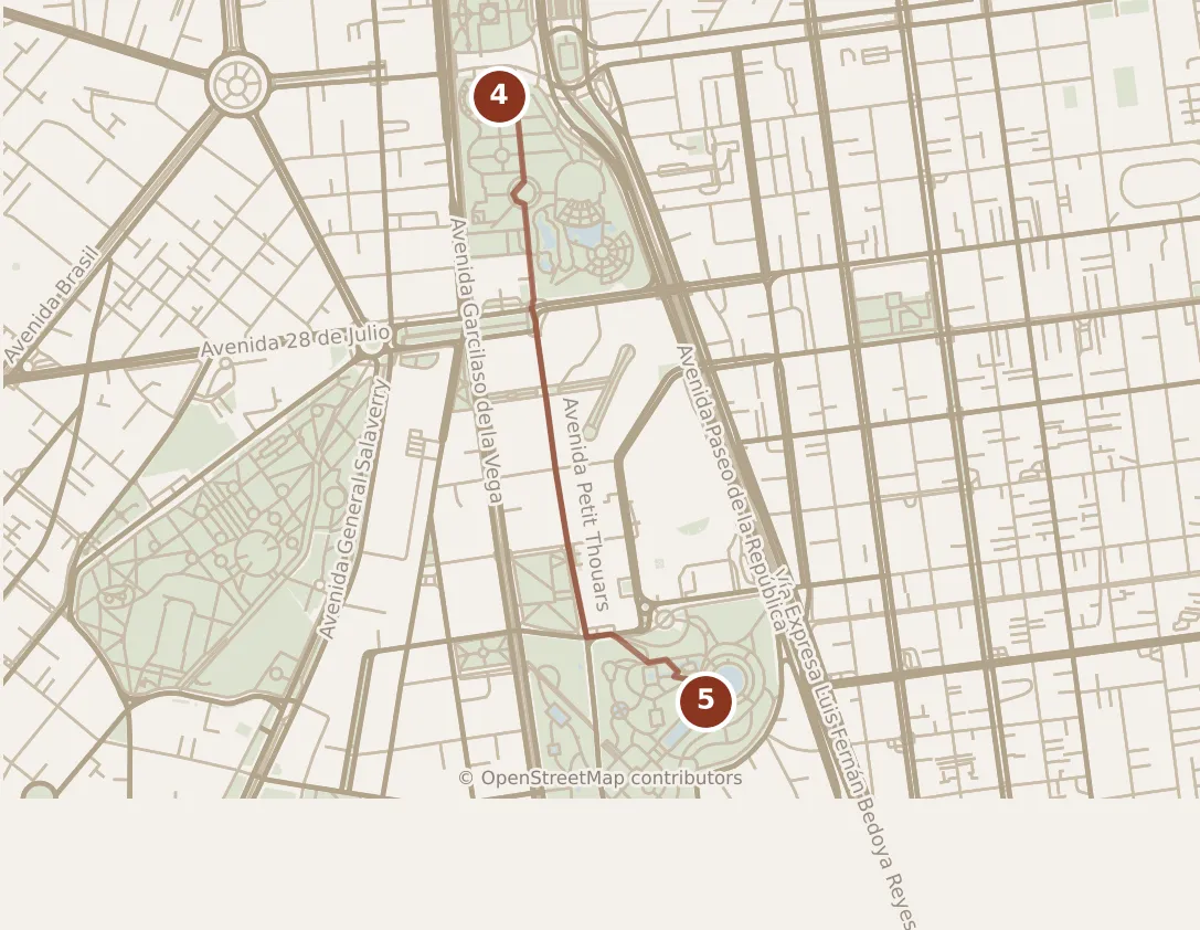 Map of Lima, evening: stop 5, numbered in walking order.