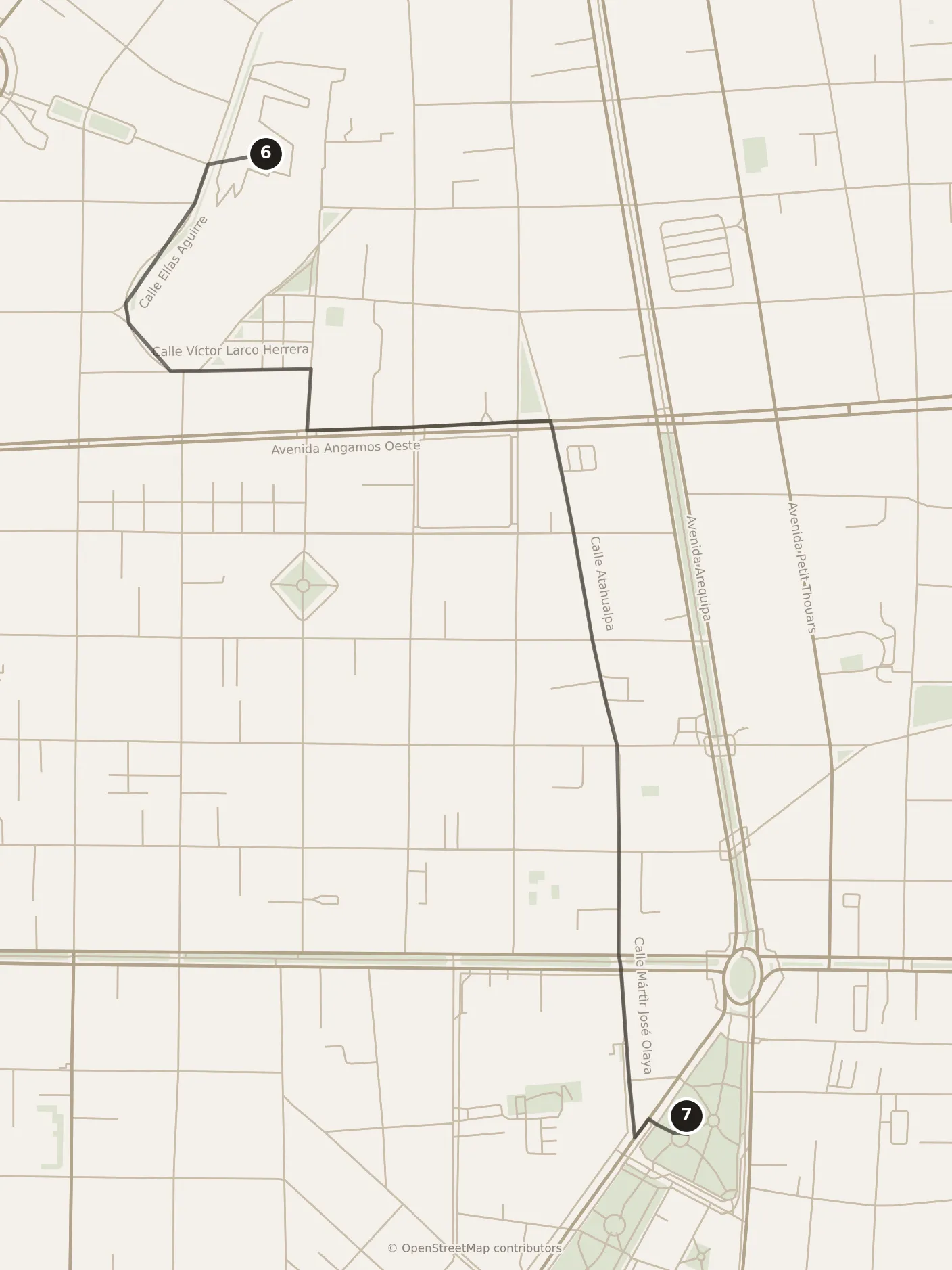 Map of Lima, morning: stops 6–7, numbered in walking order.