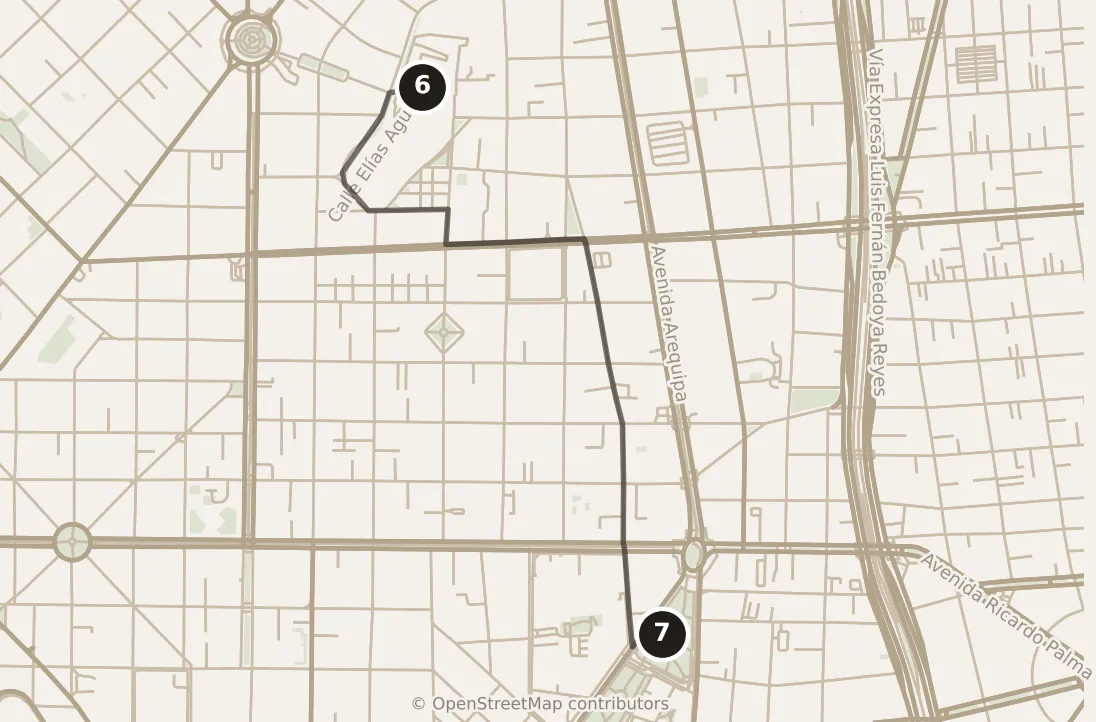 Map of Lima, morning: stops 6–7, numbered in walking order.