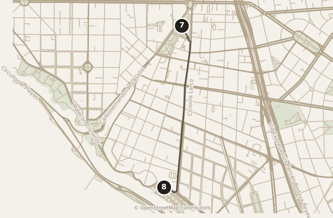 Map of Lima, afternoon: stop 8, numbered in walking order.